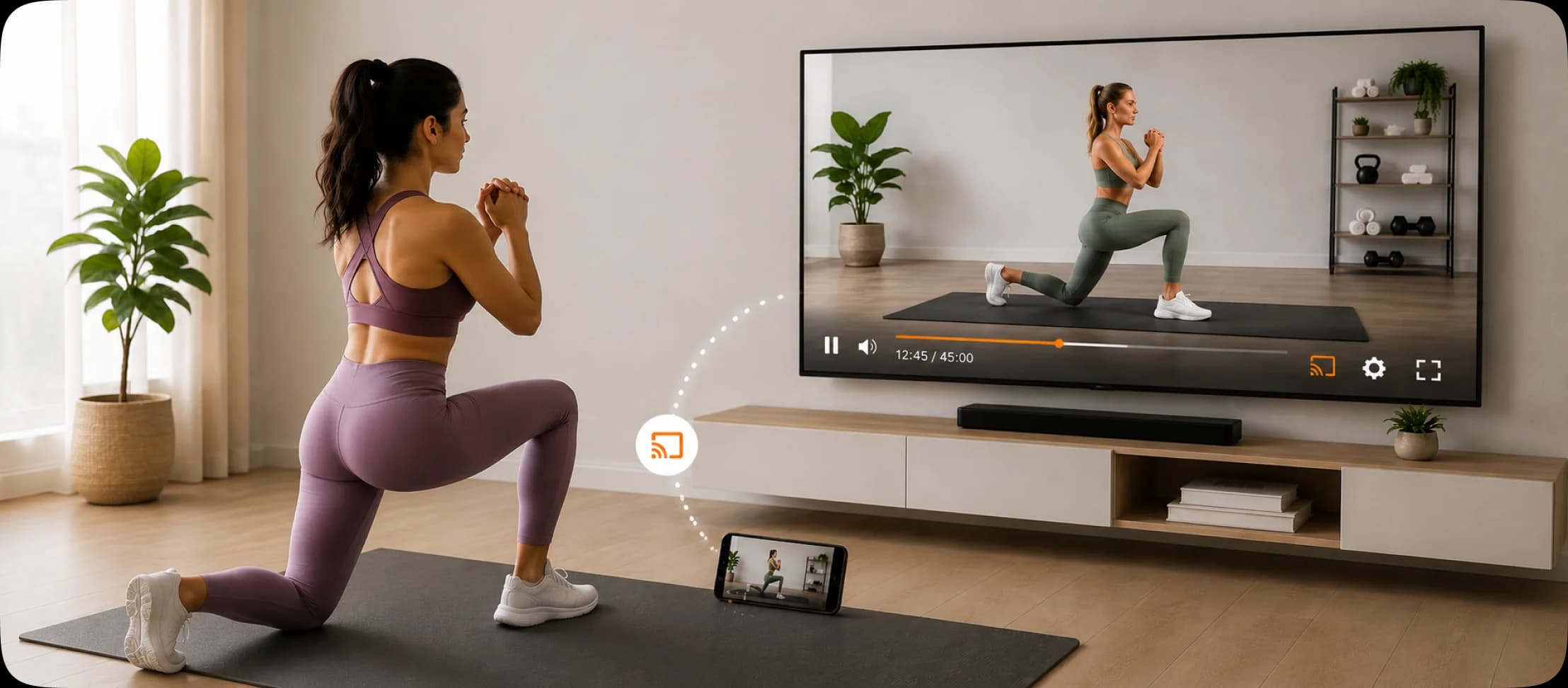 A woman doing a lunge workout in her living room while the same FitFlex session plays on a wall-mounted TV, cast from a phone on the mat.