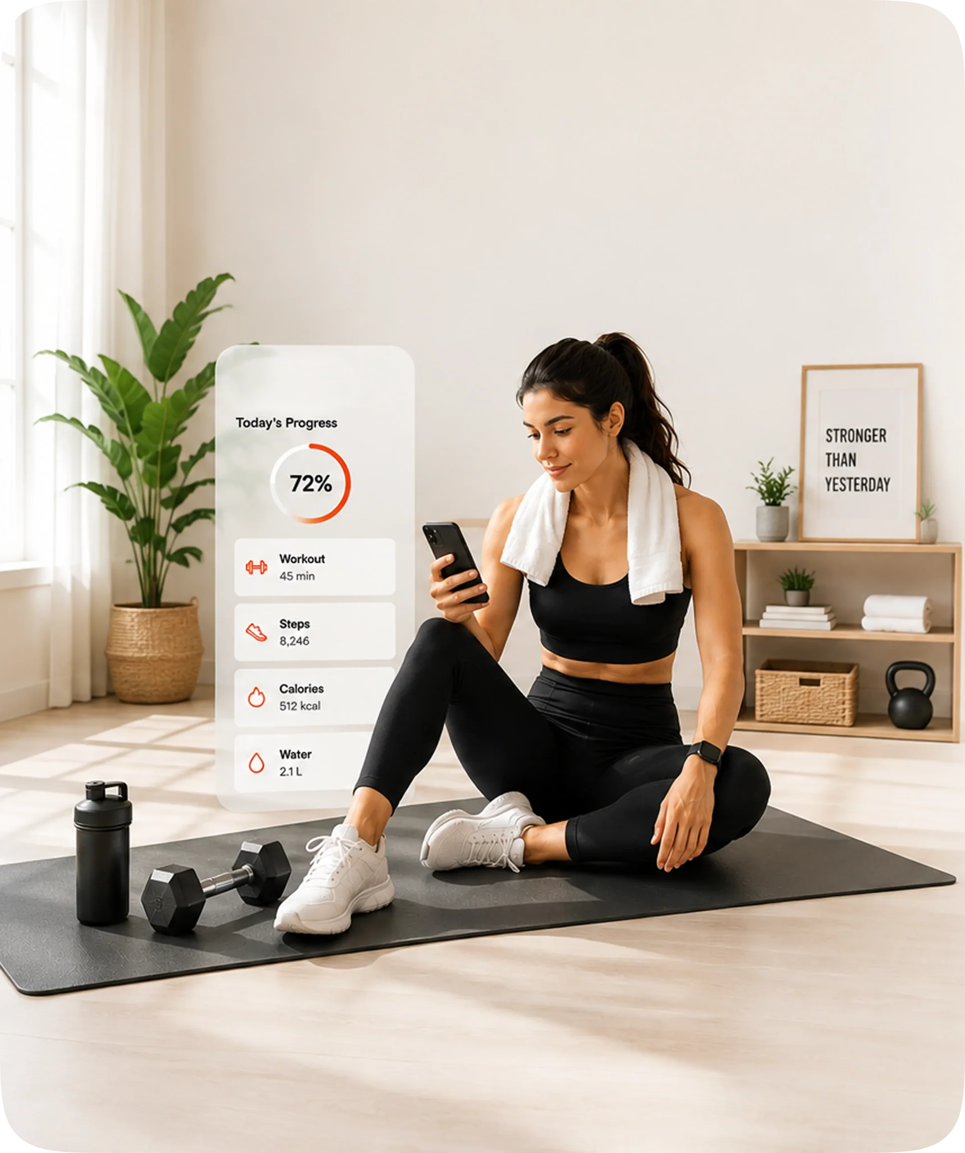 Woman checking her daily fitness progress on her phone after a workout