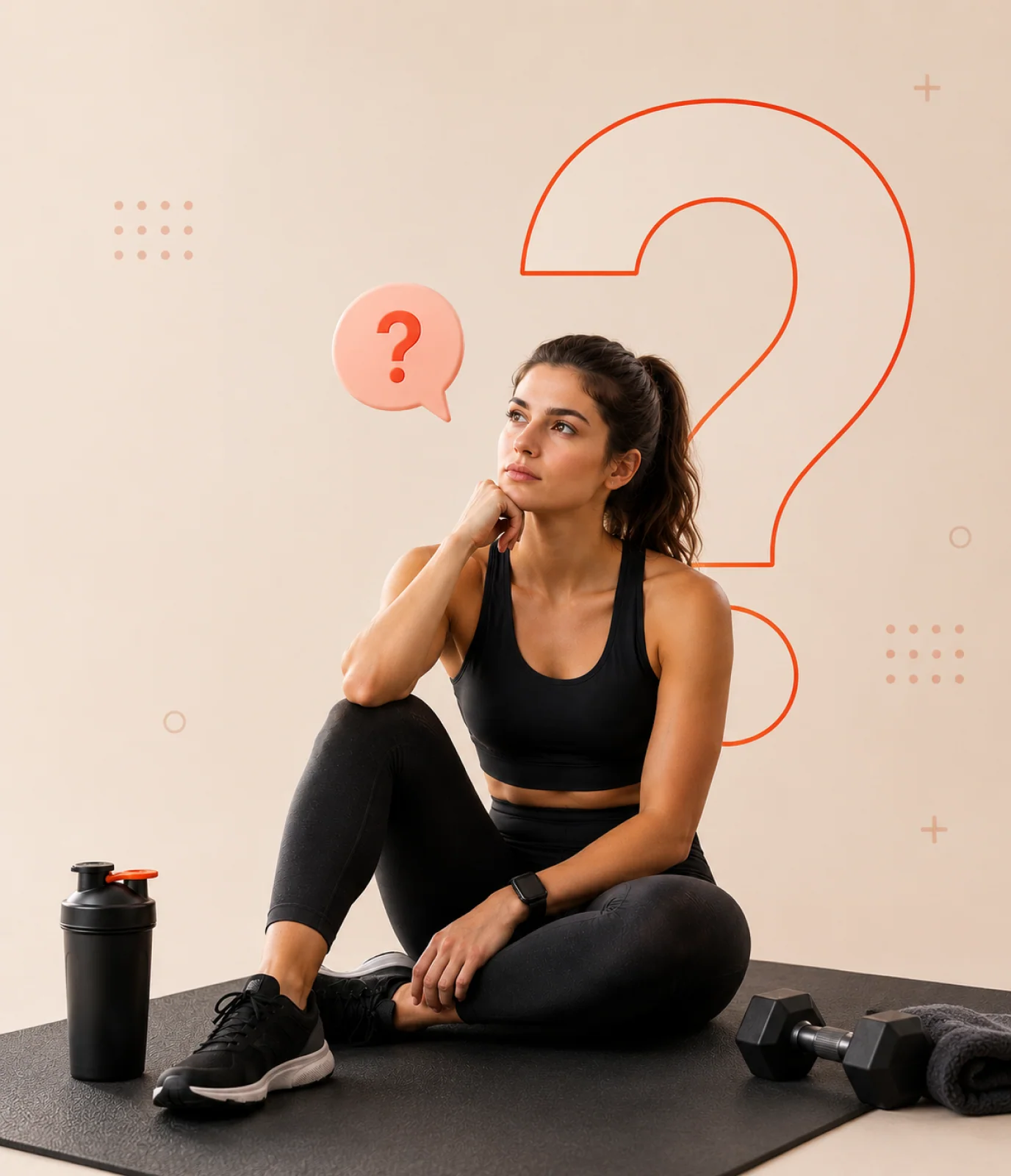 Woman sitting on a workout mat, thinking, with a large question mark behind her